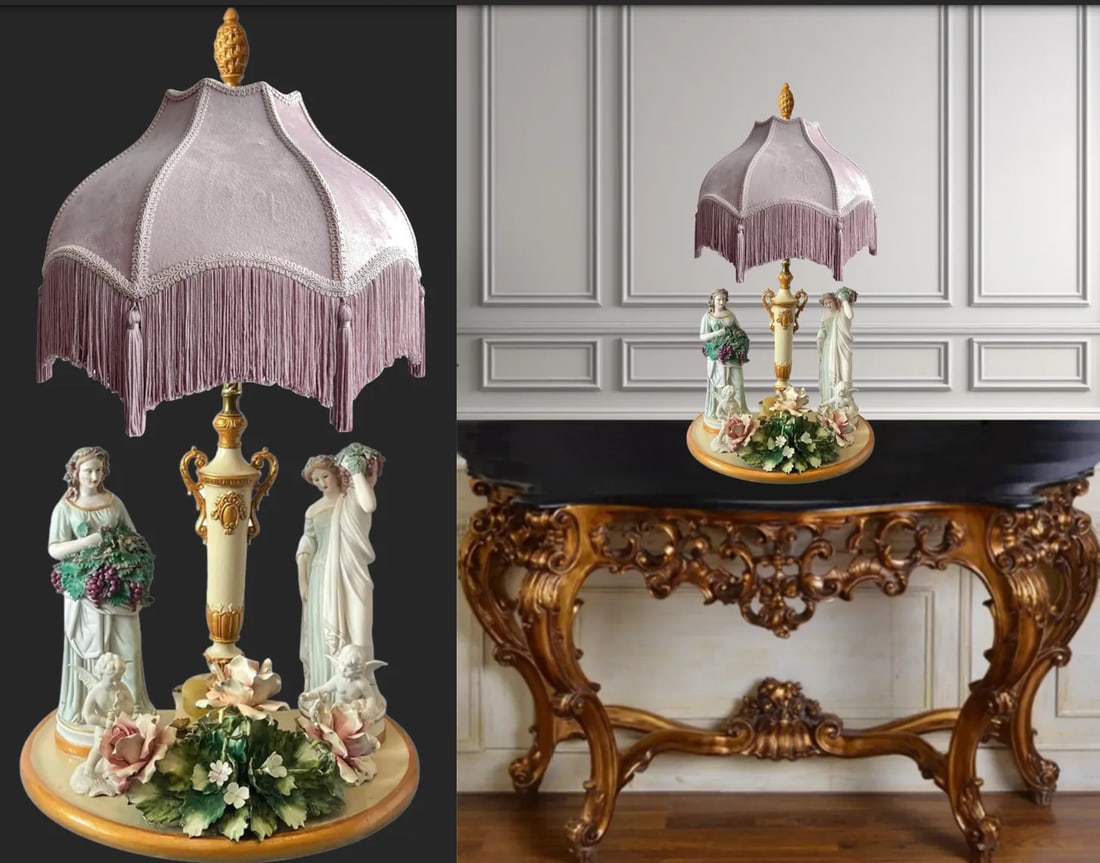 MInton Dresden Capodimonte Bisque Maiden and Cherub Floral Porcelain Figural Table Lamp - 5