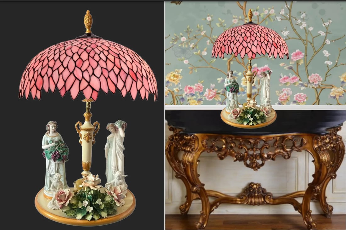 MInton Dresden Capodimonte Bisque Maiden and Cherub Floral Porcelain Figural Table Lamp - 7