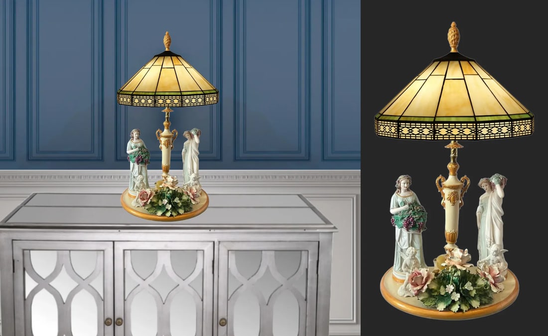 MInton Dresden Capodimonte Bisque Maiden and Cherub Floral Porcelain Figural Table Lamp - 8