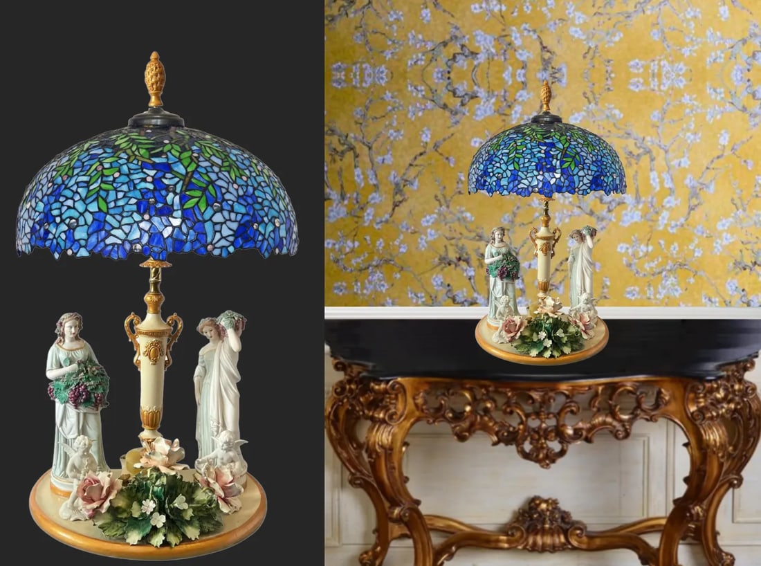 MInton Dresden Capodimonte Bisque Maiden and Cherub Floral Porcelain Figural Table Lamp - 9