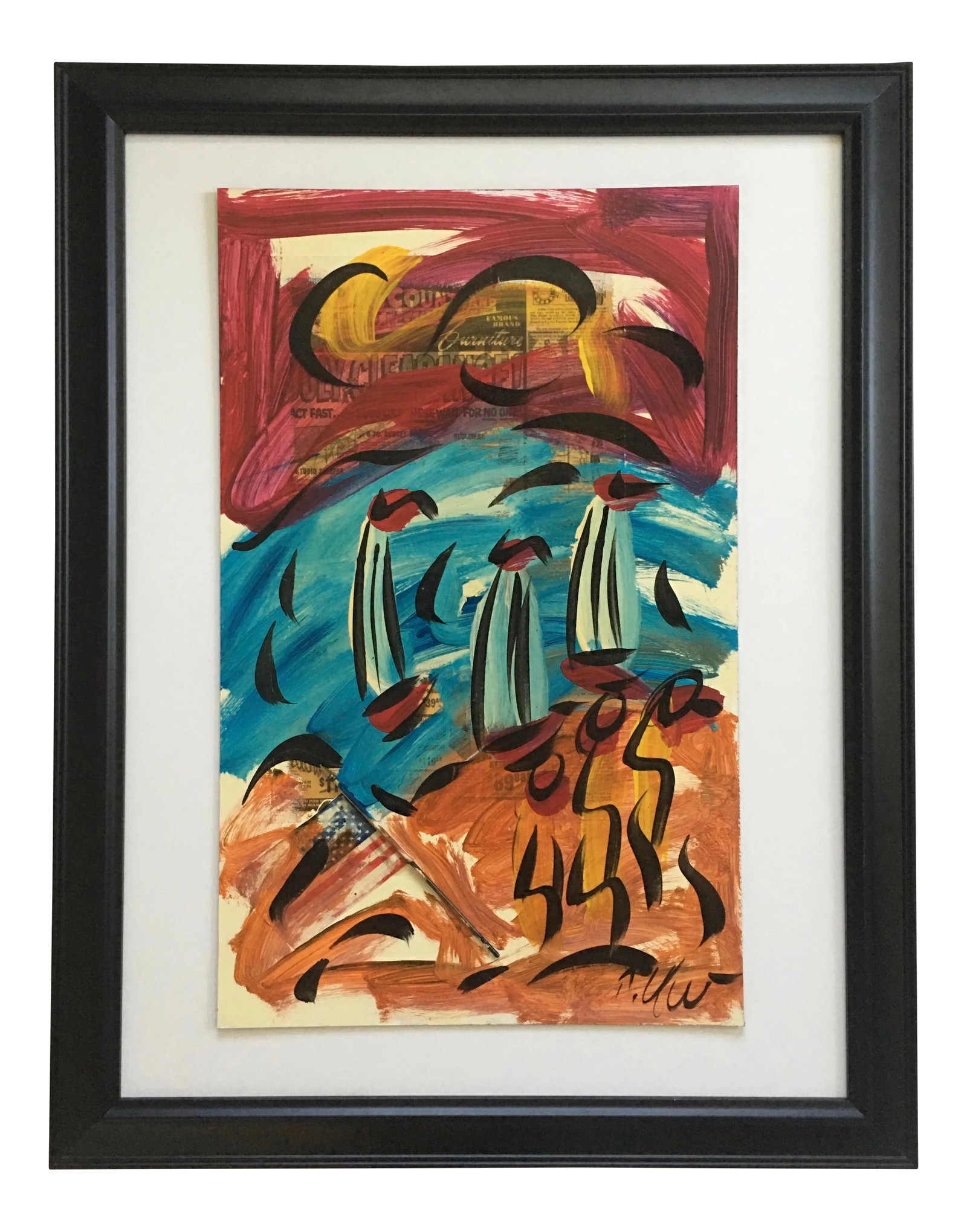 Large Abstract Sailboat Painting, Peter Keil, 1980s: Peter Keil is a German artist who focuses primarily on abstract expressionism. Keil painted with some of the greats, including Joan Miró, Pablo Picasso, and Andy Warhol, to name a few. This is a