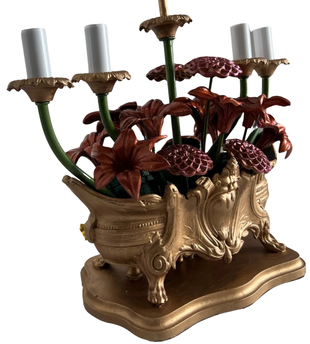 MId-Century Tole Floral Jardiniere 5 Light Candelabra Table Lamp - 11