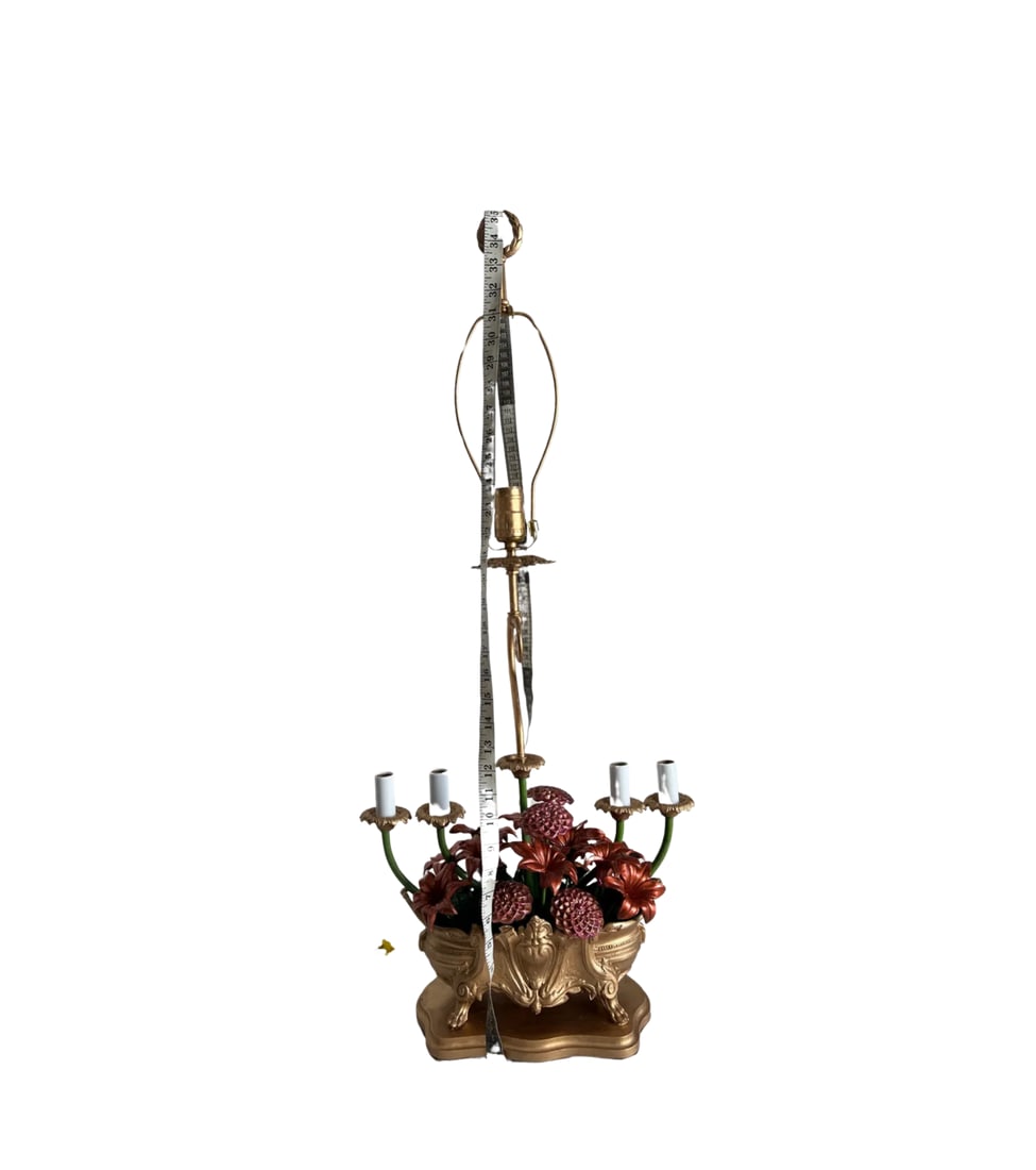 MId-Century Tole Floral Jardiniere 5 Light Candelabra Table Lamp - 12