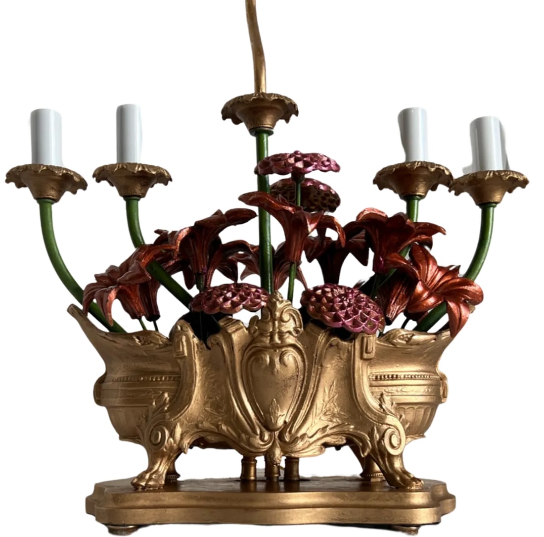 MId-Century Tole Floral Jardiniere 5 Light Candelabra Table Lamp - 2