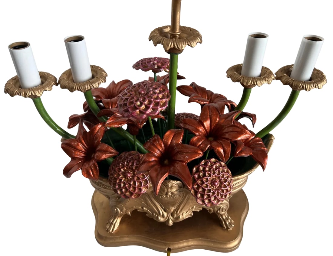MId-Century Tole Floral Jardiniere 5 Light Candelabra Table Lamp - 3