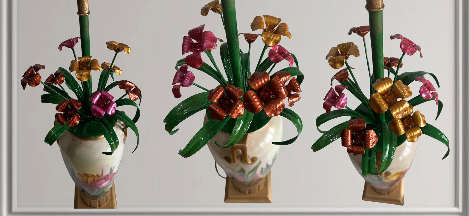 Mid-Century Florentine Tole Lillies and Porcelain Hand Painted Tulips Table Lamp - 11