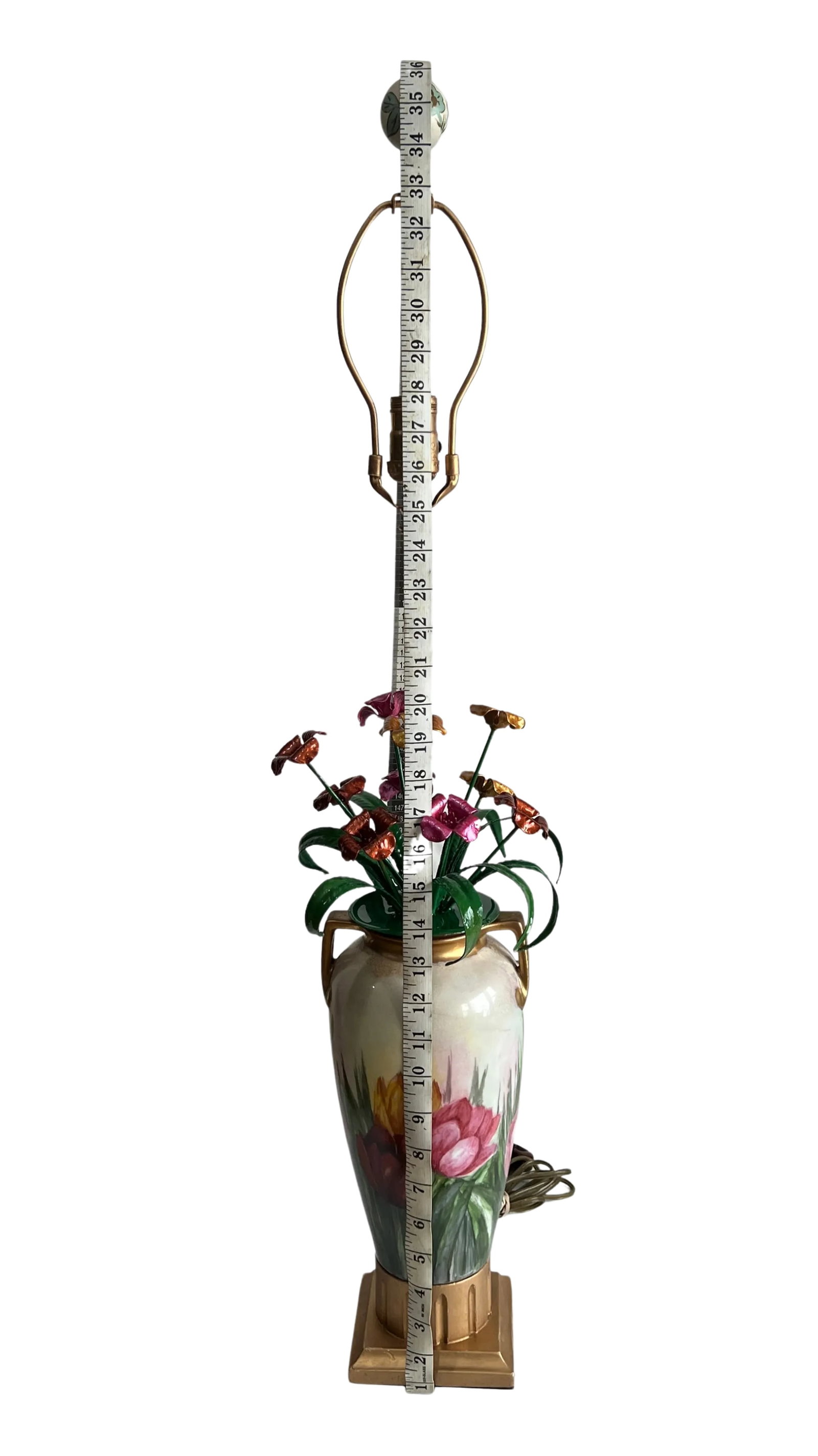 Mid-Century Florentine Tole Lillies and Porcelain Hand Painted Tulips Table Lamp - 12