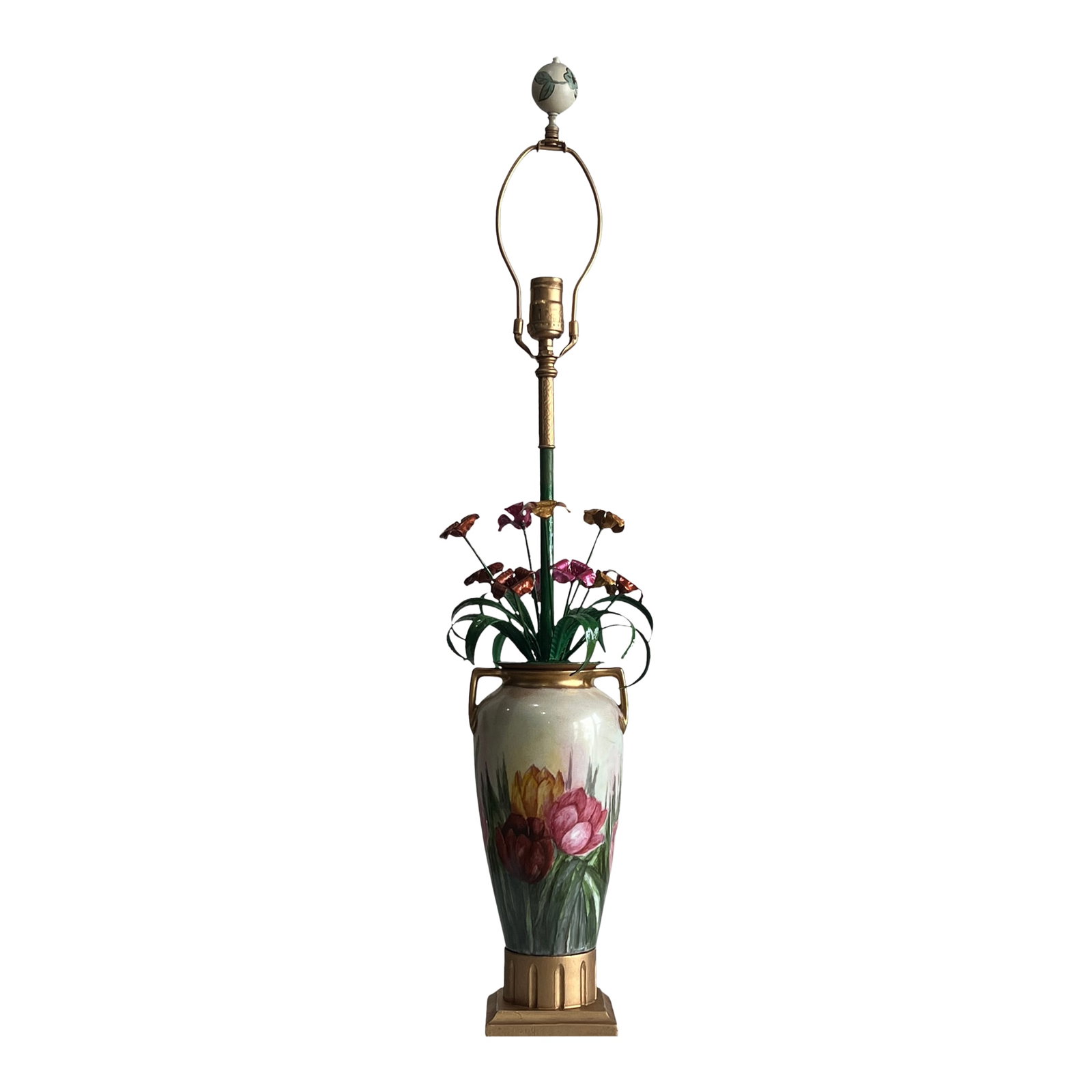 Mid-Century Florentine Tole Lillies and Porcelain Hand Painted Tulips Table Lamp: This one-of-a-kind table lamp is a stunning fusion of vintage elegance, seamlessly blending Mid-Century Florentine tole lilies, hand crafted by artisans in Italy, with an antique German porcelain flor