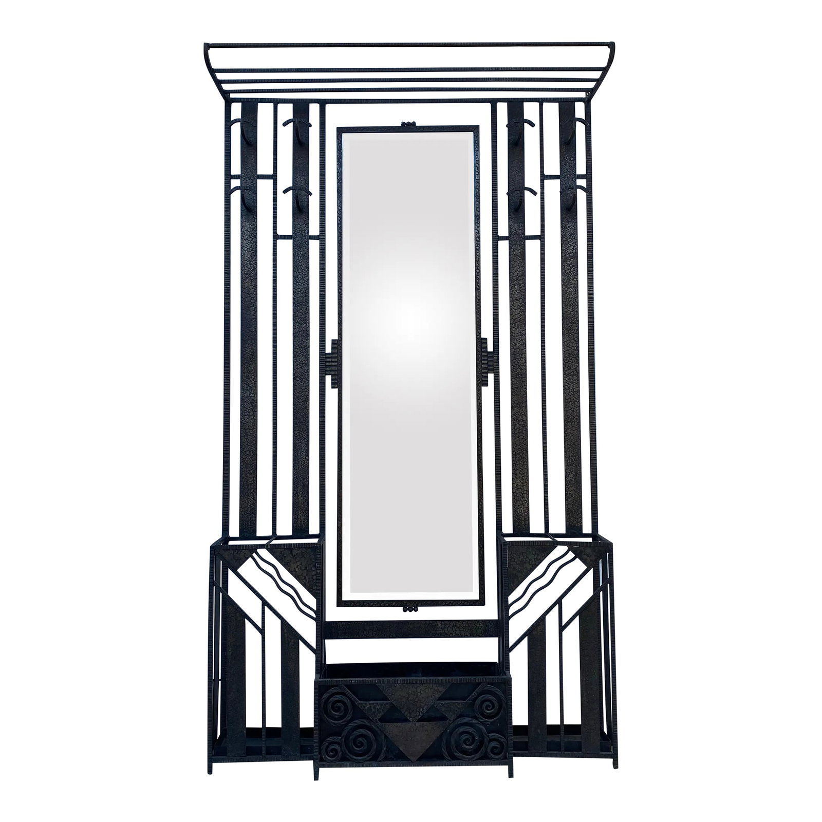 1930s French Art Deco Hammered Iron Coat Rack & Hall Tree With Mirror – Attributed to Edgar (1 of 12)