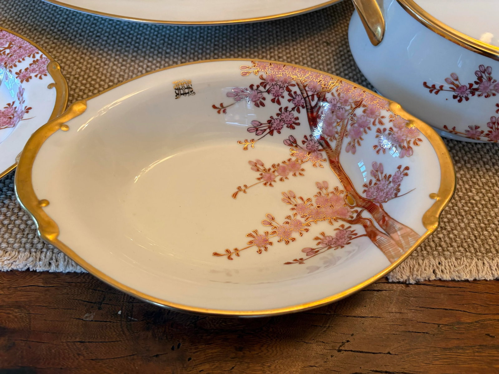 Vintage Serving Set Featuring Handpainted Gilded Cherry Blossoms by Soko China- 6 Pieces - 2