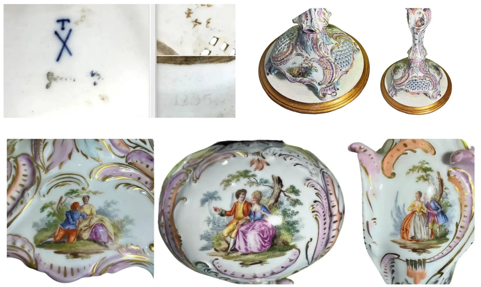 Antique Dresden Carl Thieme Floral Pictorial Porcelain Table Lamps -A Pair - 11