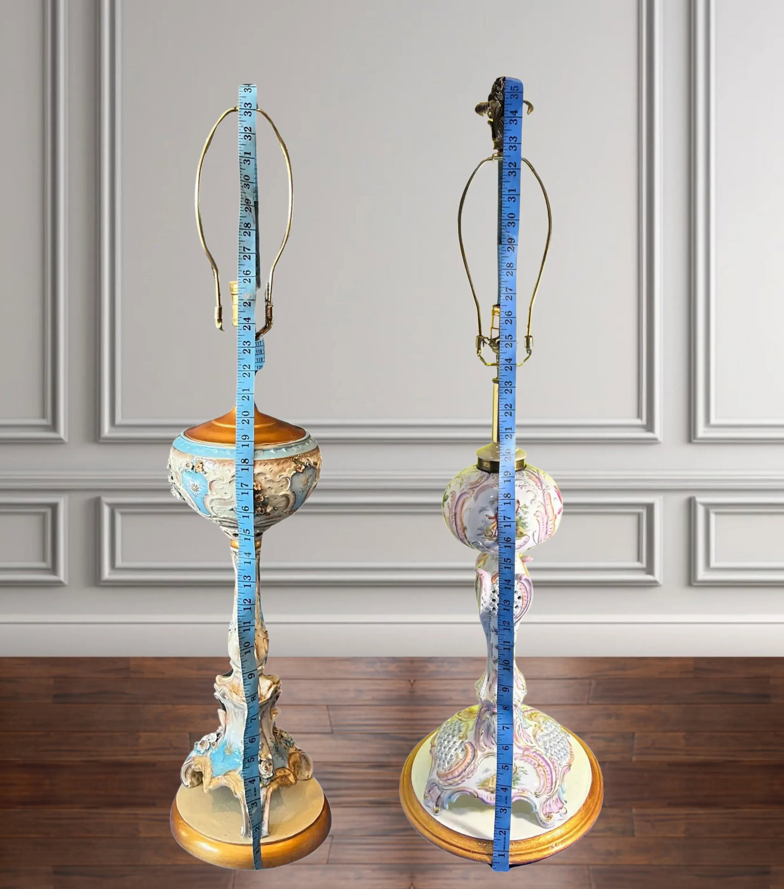 Antique Dresden Carl Thieme Floral Pictorial Porcelain Table Lamps -A Pair - 12