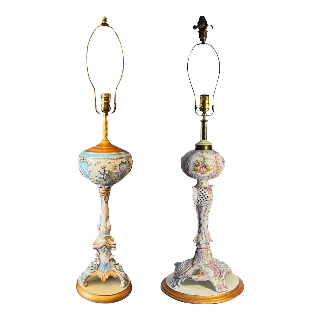 Antique Dresden Carl Thieme Floral Pictorial Porcelain Table Lamps -A Pair: These exquisite antique Dresden porcelain table lamps, crafted in Germany during the late 19th century, showcase the timeless elegance and masterful artistry of the period. Originally designed as oil 