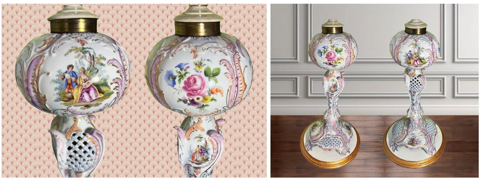 Antique Dresden Carl Thieme Floral Pictorial Porcelain Table Lamps -A Pair - 2