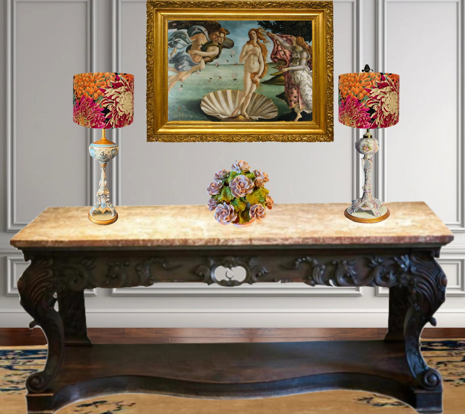 Antique Dresden Carl Thieme Floral Pictorial Porcelain Table Lamps -A Pair - 9