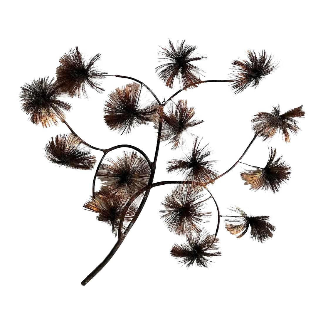 Vintage Brutalist John Steck Copper Pom Pom 'Desert Flowers' Wall Sculpture: Exceptional and rare vintage mid century brutalist copper wall sculpture by the well known artist, John Steck from his 'Desert Flowers' or Dandelion spray series! His table top sculptures are fairly c