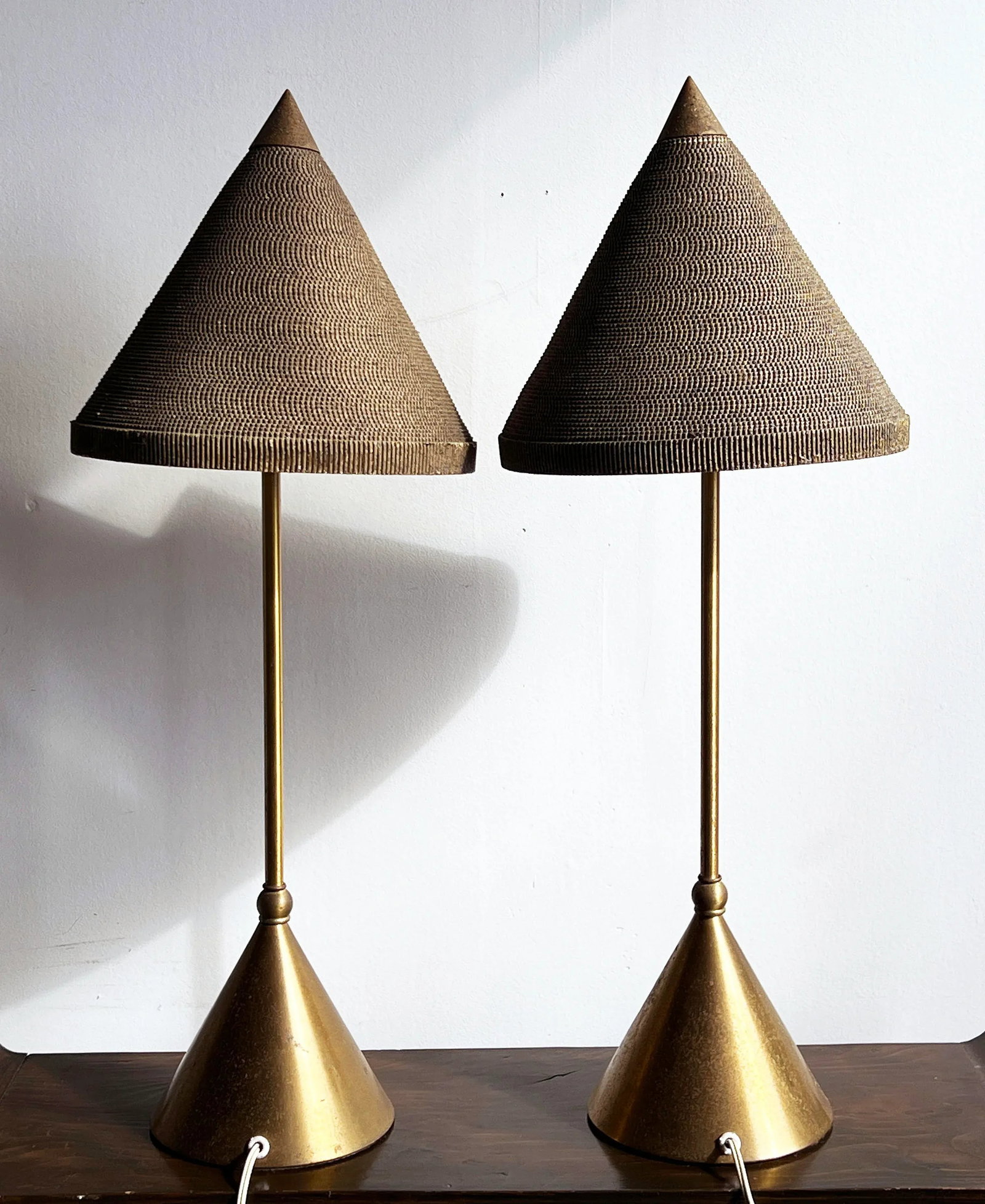 Flute of Chicago Brass Table Lamps With Conical Corrugated Cardboard Shades - a Pair - 5