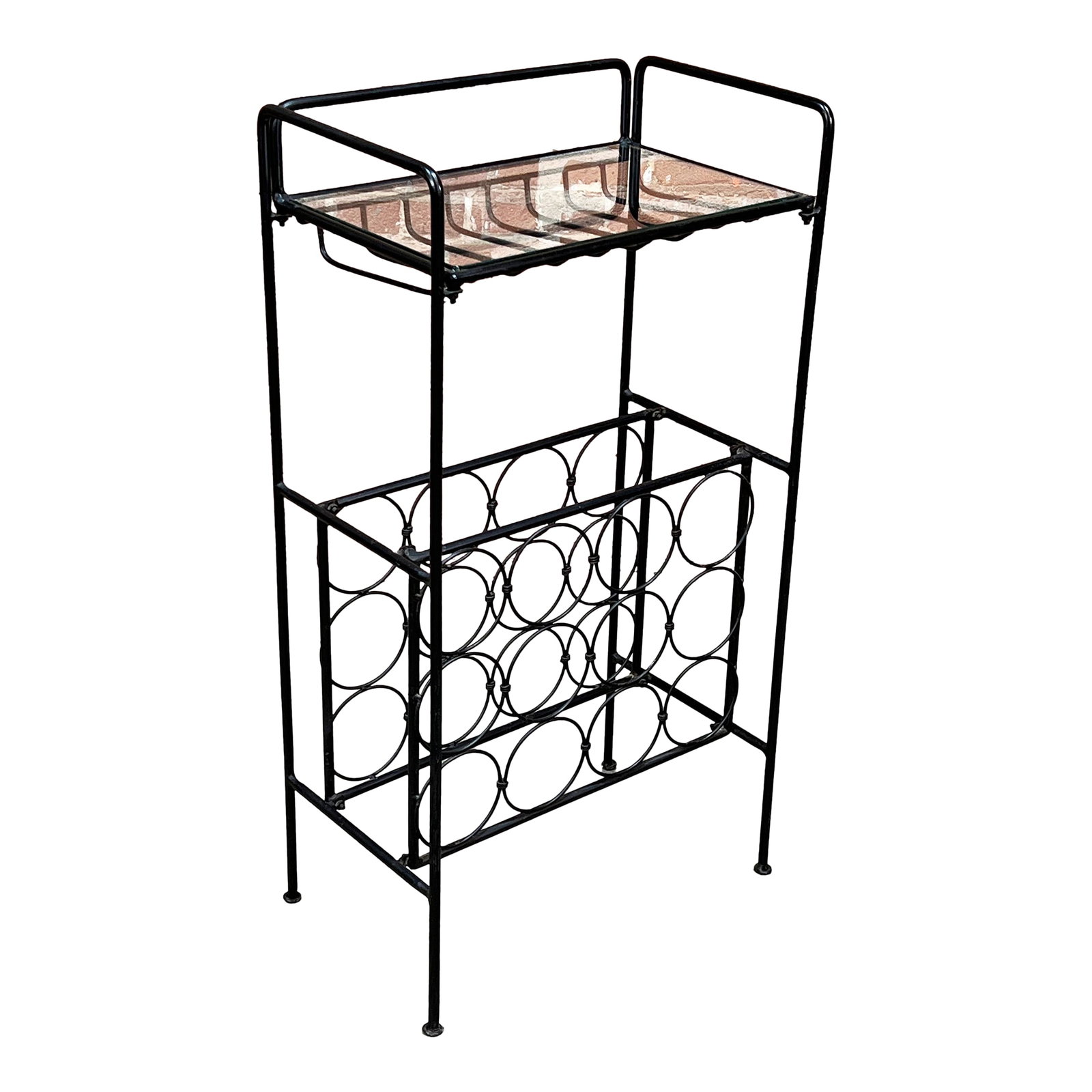 Vintage Mid Century Modern Wrought Iron & Glass Wine Rack / Bar by Arthur Umanoff: A stunning mid-century modern wine rack bar cart designed by Arthur Umanoff, known for his elegant and functional designs. This piece features a sleek black wrought iron frame with signature circular 