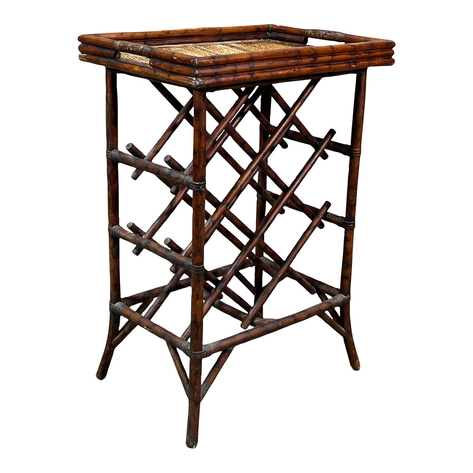 Vintage Hollywood Regency / Chinoiserie Burnt Bamboo & Rattan Wine Rack: A beautiful vintage bamboo and rattan wine rack with a removable woven rattan top, perfect for use as a bar cart, side table, or accent piece. Featuring a lattice-style base for bottle storage and
