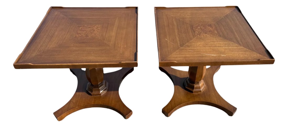 Pair of Drexel Mediterranean Style Maple and Burl Elm Side Tables: Quick Hits: Striking burl elm and maple veneer pattern Rich Mediterranean Revival silhouette Square tops with raised corners and pedestal bases Perfect as living room end tables or bedroom