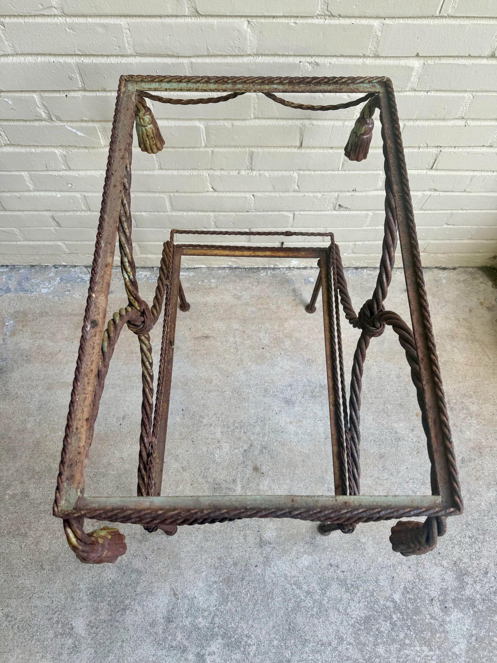Vintage Regency Faux Rope and Tassel Patinated Wrought Iron Indoor or Outdoor Garden Table Base - 10