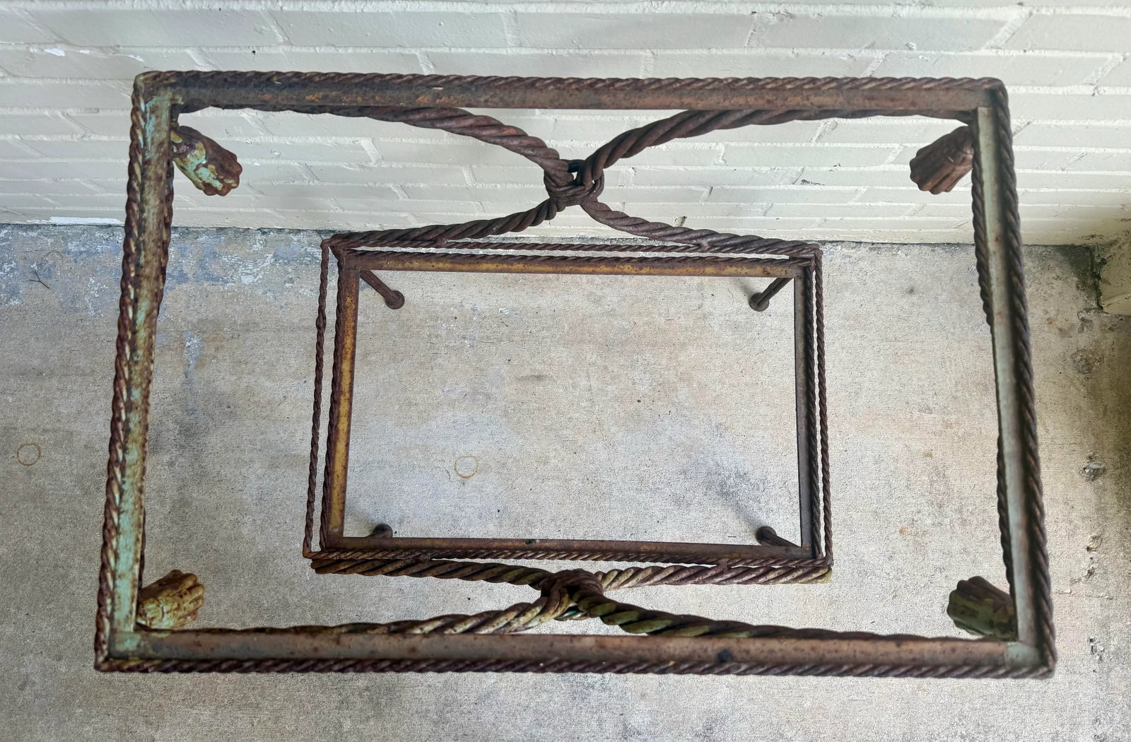 Vintage Regency Faux Rope and Tassel Patinated Wrought Iron Indoor or Outdoor Garden Table Base - 11
