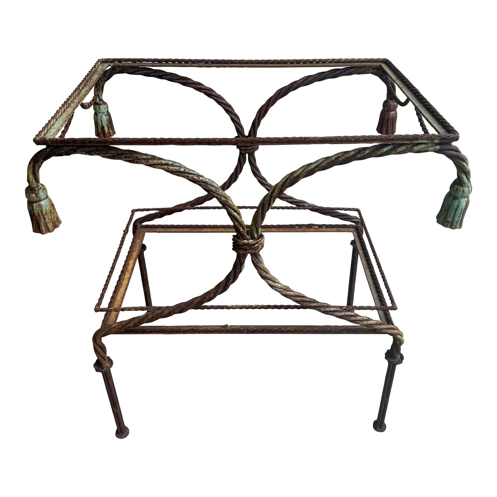 Vintage Regency Faux Rope and Tassel Patinated Wrought Iron Indoor or Outdoor Garden Table Base: Elevate your outdoor entertaining with this stunning Vintage Hollywood Regency Faux Rope and Tassel Two-Tier Patinated Wrought Iron Side Table, which doubles as a chic bar cart. This exquisite piece