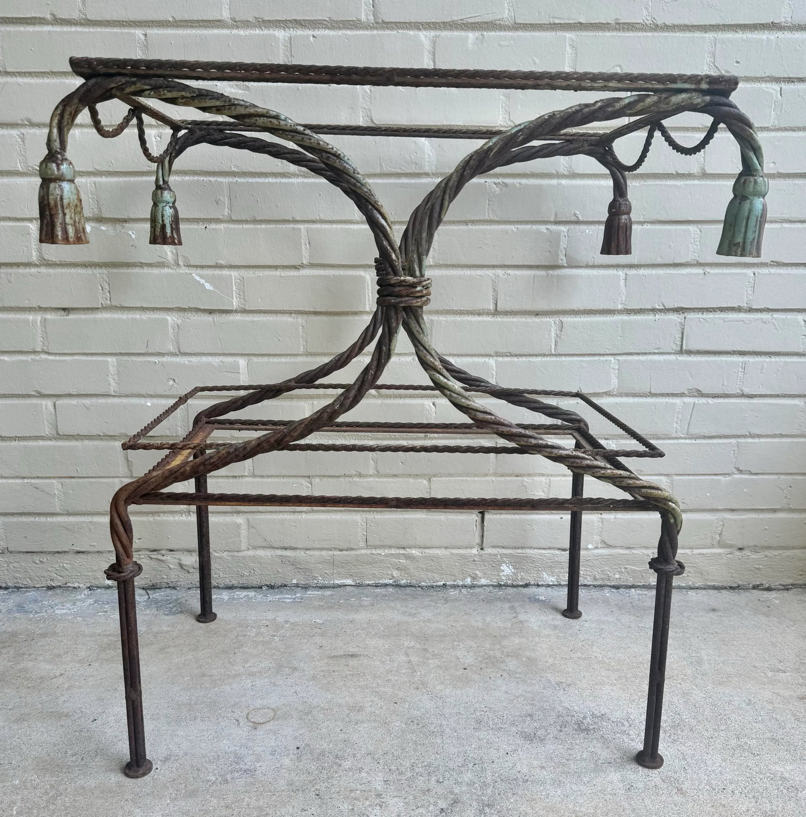 Vintage Regency Faux Rope and Tassel Patinated Wrought Iron Indoor or Outdoor Garden Table Base - 2