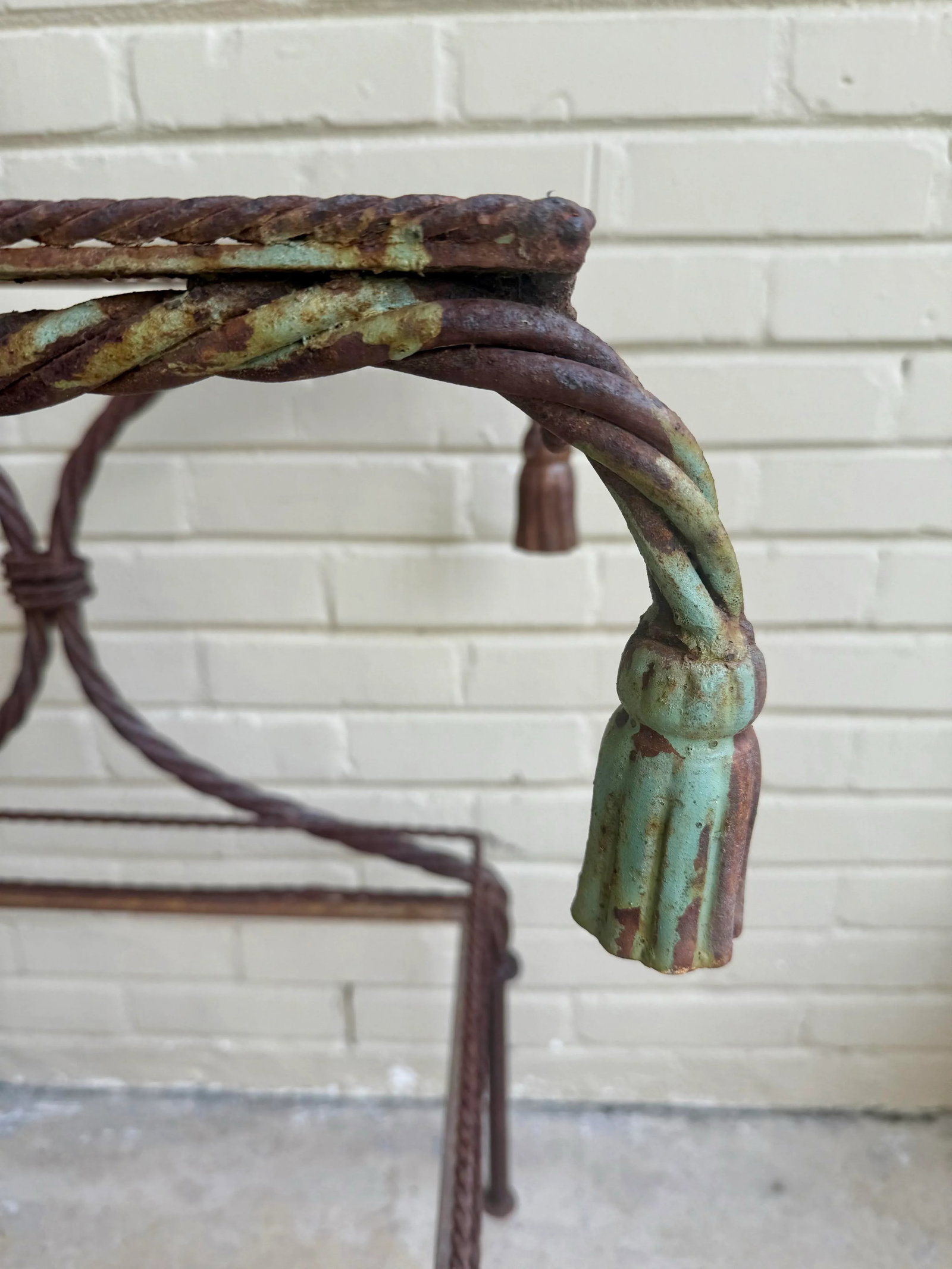 Vintage Regency Faux Rope and Tassel Patinated Wrought Iron Indoor or Outdoor Garden Table Base - 5