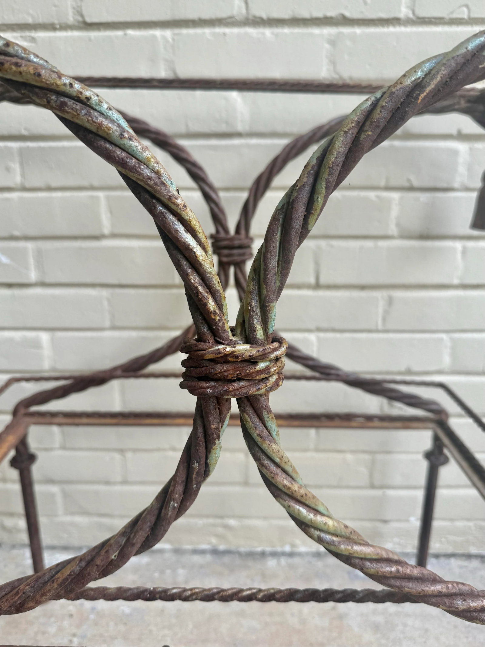 Vintage Regency Faux Rope and Tassel Patinated Wrought Iron Indoor or Outdoor Garden Table Base - 6
