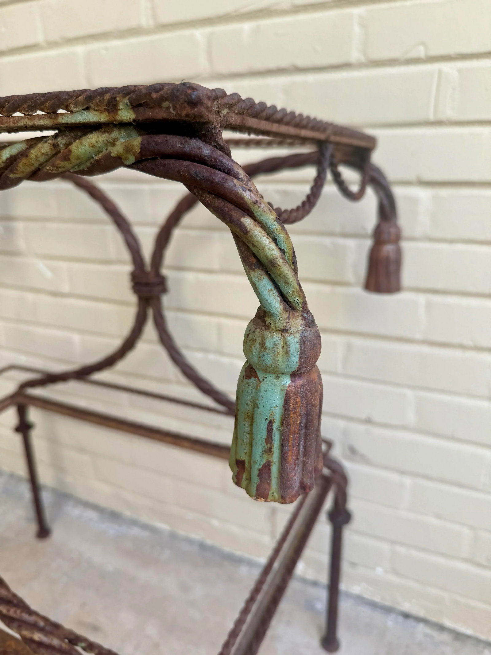 Vintage Regency Faux Rope and Tassel Patinated Wrought Iron Indoor or Outdoor Garden Table Base - 7