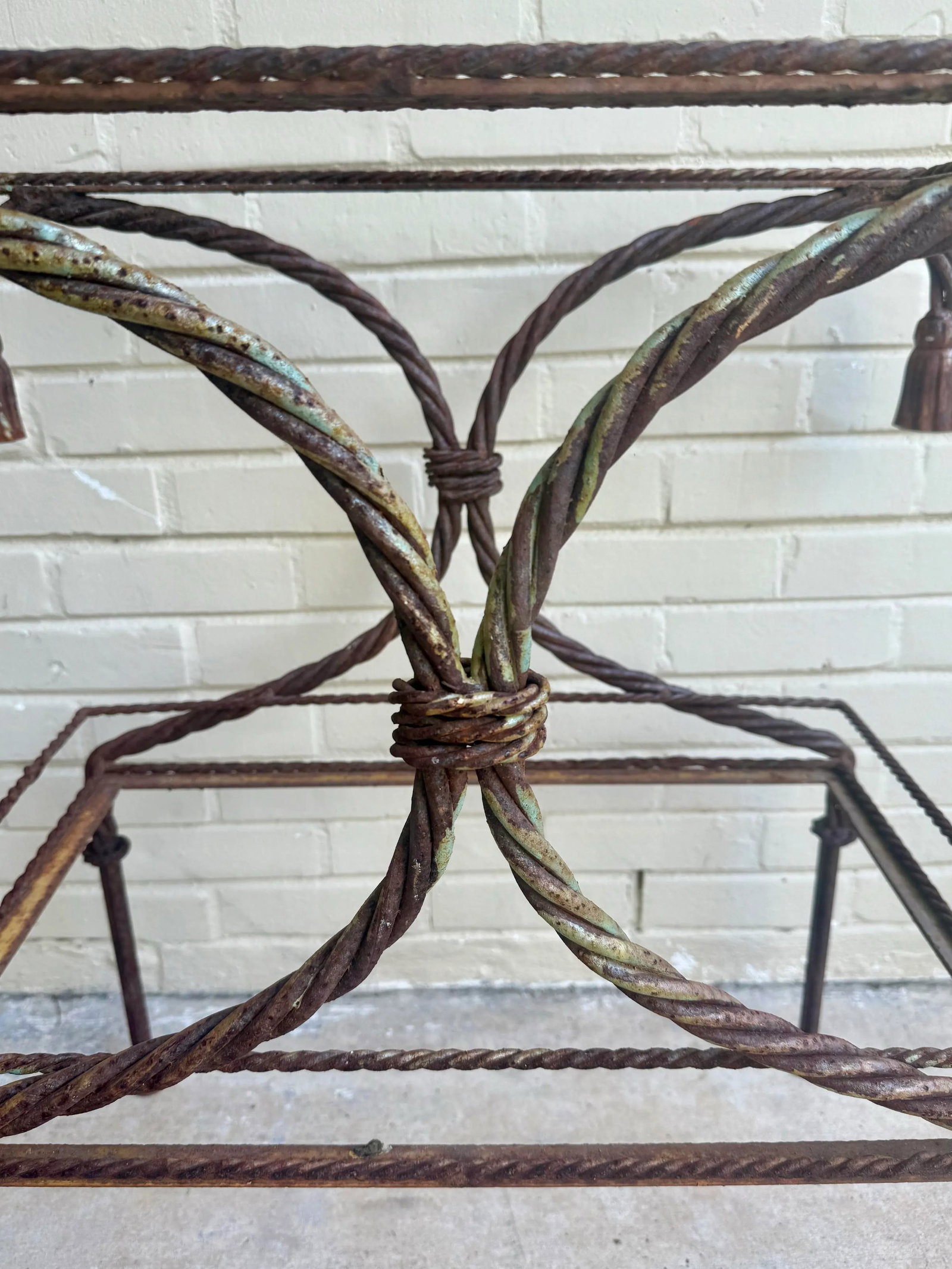 Vintage Regency Faux Rope and Tassel Patinated Wrought Iron Indoor or Outdoor Garden Table Base - 9