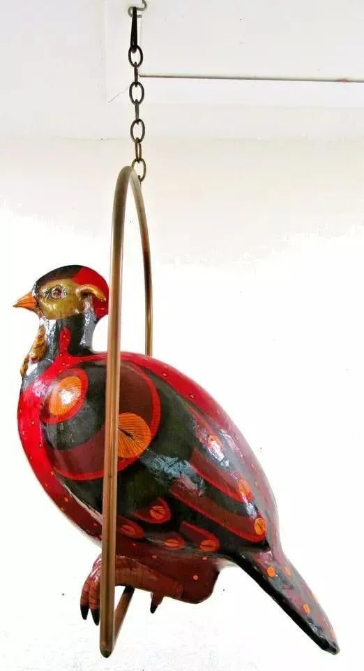 1970s Vintage Sculpture Large Paper Mache Bird on Hanging Brass Perch Attributed to Sergio Bustamant - 2
