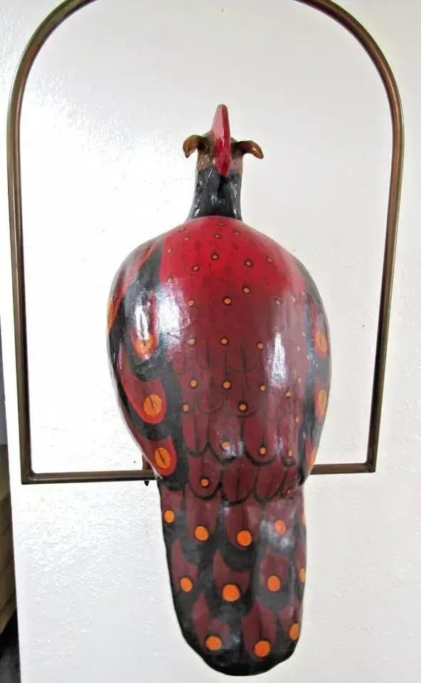 1970s Vintage Sculpture Large Paper Mache Bird on Hanging Brass Perch Attributed to Sergio Bustamant - 6