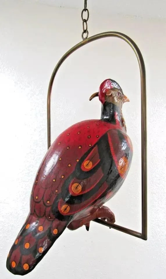 1970s Vintage Sculpture Large Paper Mache Bird on Hanging Brass Perch Attributed to Sergio Bustamant - 7