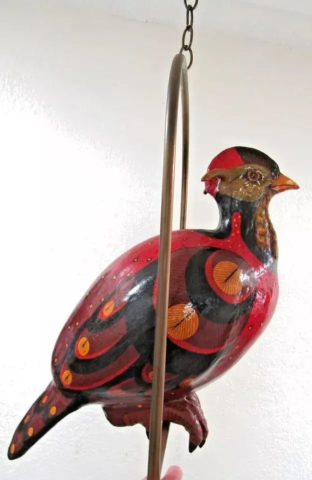 1970s Vintage Sculpture Large Paper Mache Bird on Hanging Brass Perch Attributed to Sergio Bustamant - 8