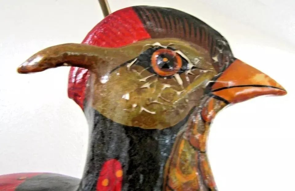 1970s Vintage Sculpture Large Paper Mache Bird on Hanging Brass Perch Attributed to Sergio Bustamant - 9