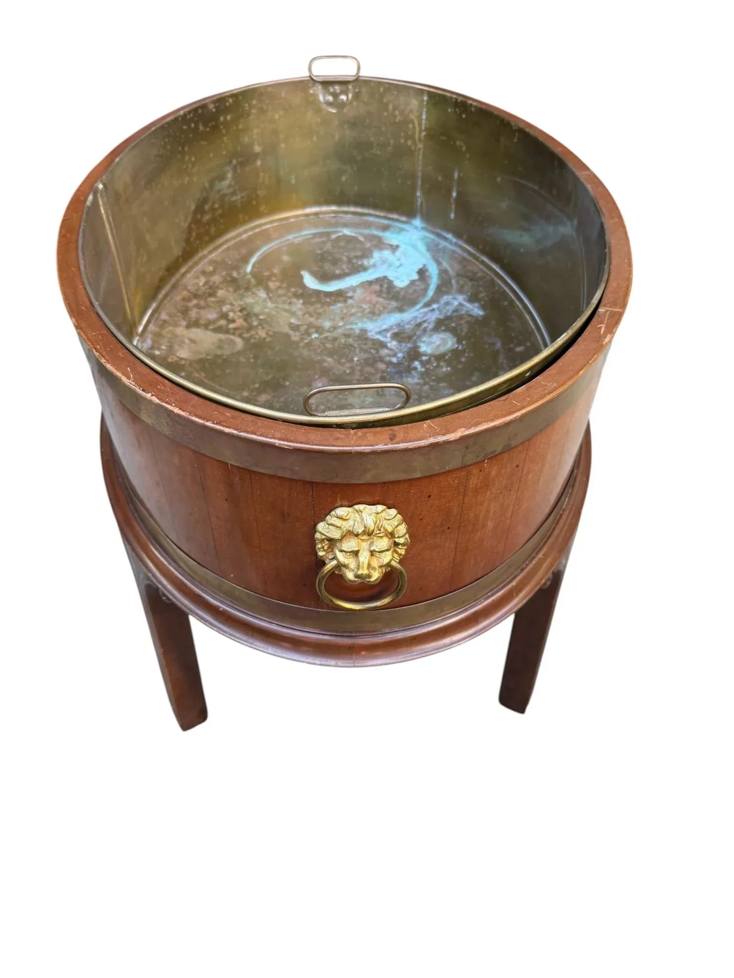 Late 20th Century George III Mahogany Oval Brass Bound Wine Cooler or Plant Stand With Lion Head Han - 6