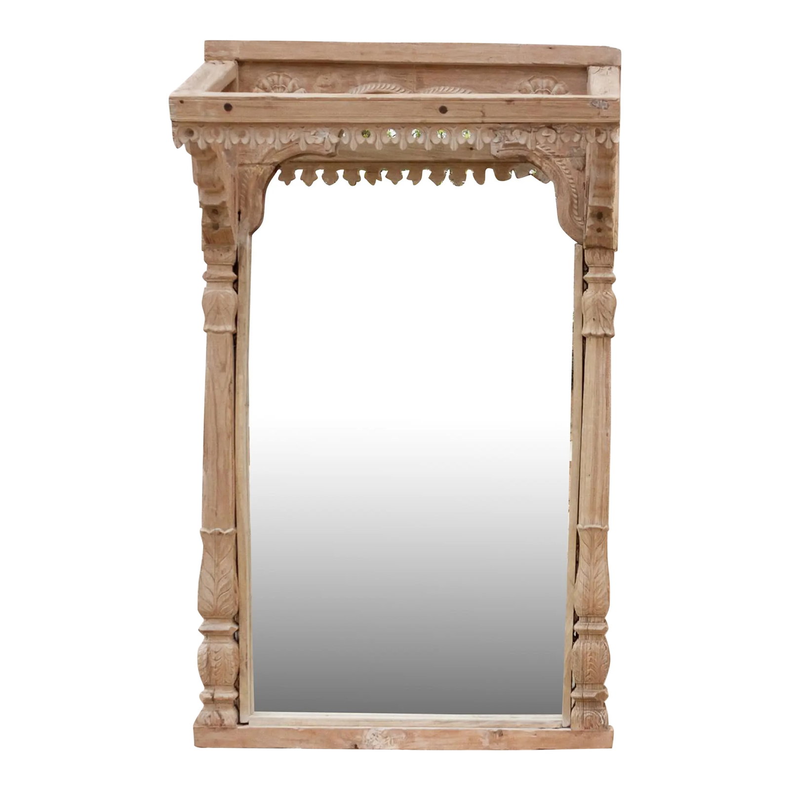 One-of-a-Kind Sun-Bleached Teak Arch Mirror: This is a truly special piece – a mirror that carries the weight of architectural history. Crafted from an antique Indian door frame, it stands at 63 inches tall, offering both a functional