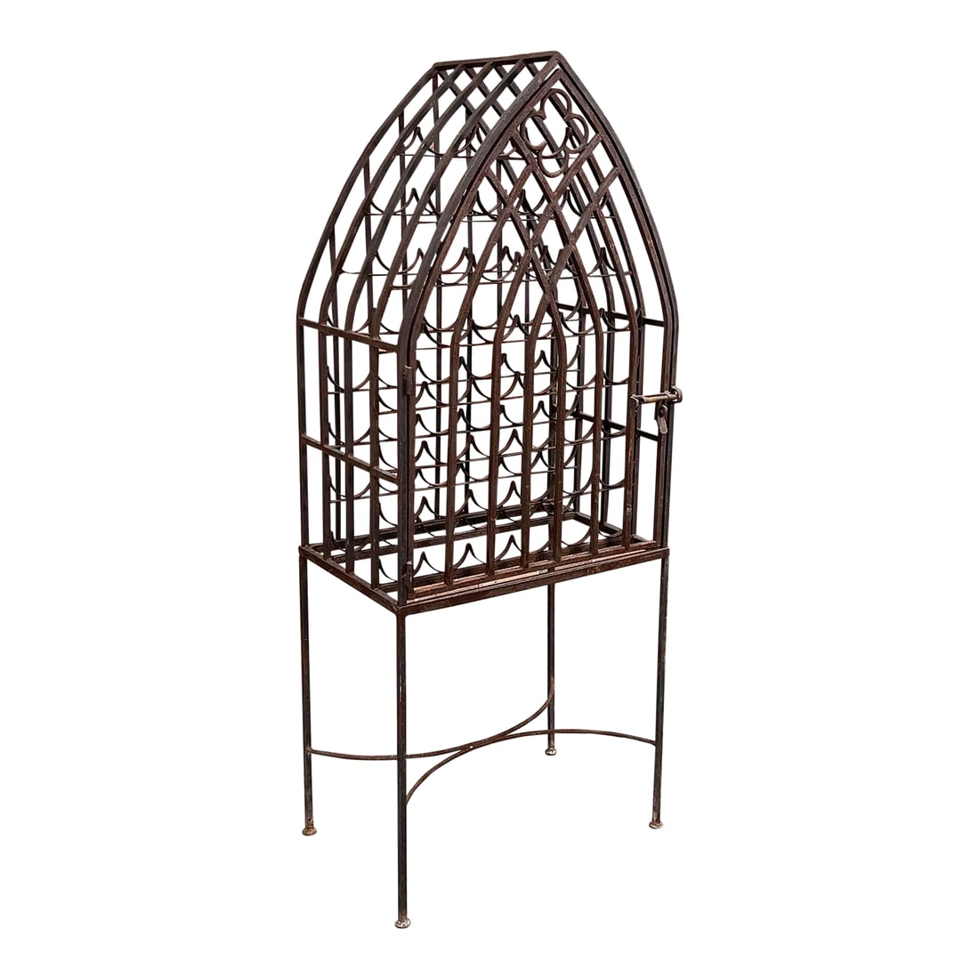 Vintage Wrought Iron Cathedral Style 40 Bottle Wine Rack Cage: Striking and sculptural wrought iron wine rack with an arched, cathedral-inspired design. This tall and narrow piece adds dramatic vertical presence to any space while holding up to 40 bottles of