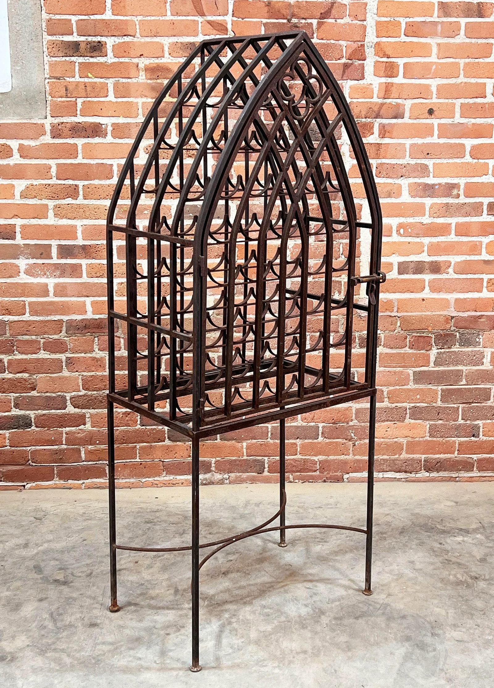 Vintage Wrought Iron Cathedral Style 40 Bottle Wine Rack Cage - 7