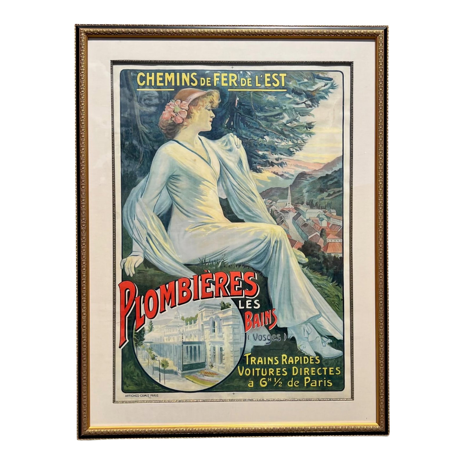 Large French Railroad "Plombières-Les-Bains" Poster by Hugo d'Alesi for Chemins De Fer De: A striking original French railway travel poster by acclaimed Belle Époque artist Hugo d'Alesi, promoting the geo-thermal spa destination Plombières-les-Bains in the Vosges mountains.