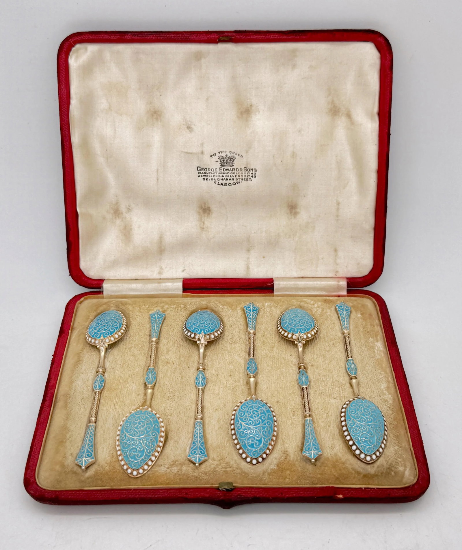 6 Russian Style Enamel Sterling Spoons, George Edward & Sons, Glasgow, 1888 - 2