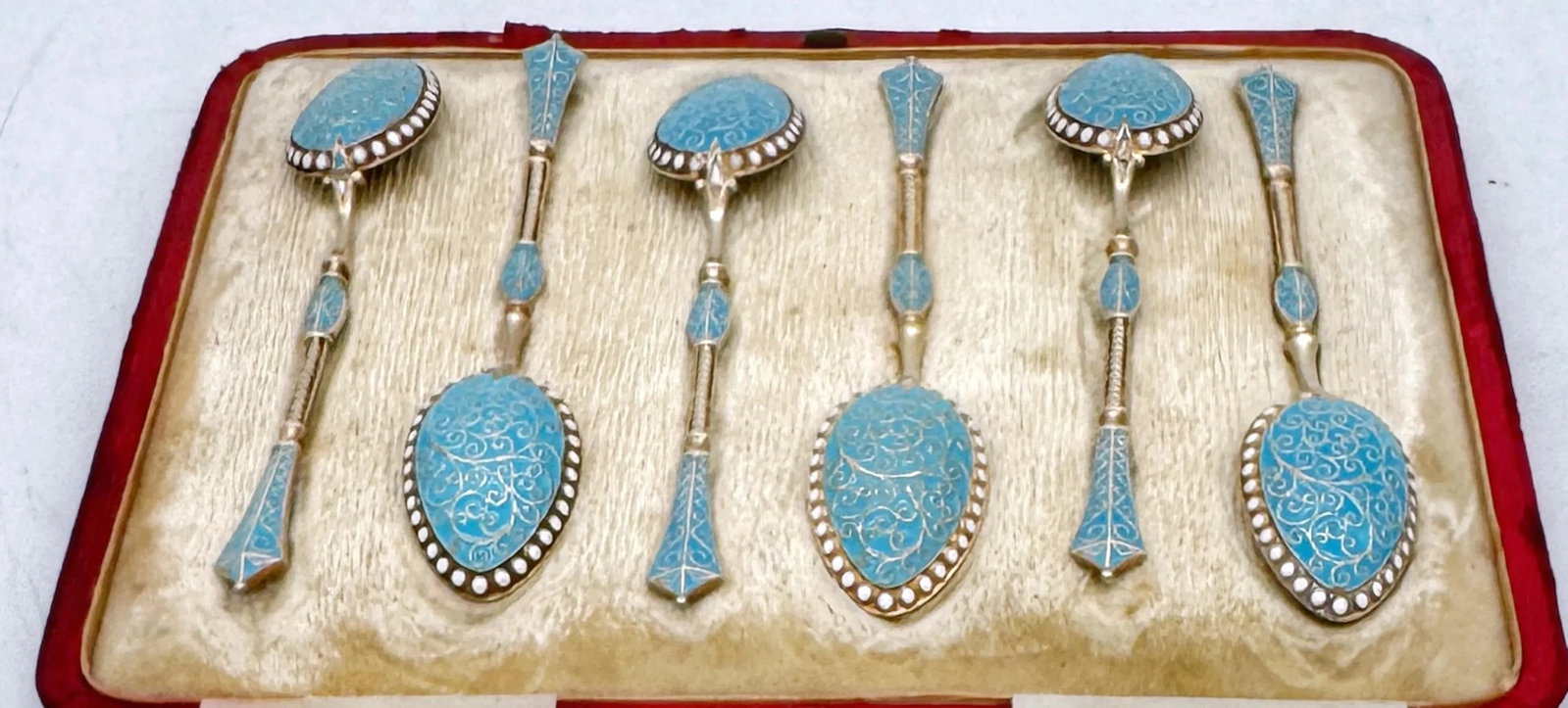 6 Russian Style Enamel Sterling Spoons, George Edward & Sons, Glasgow, 1888 - 7
