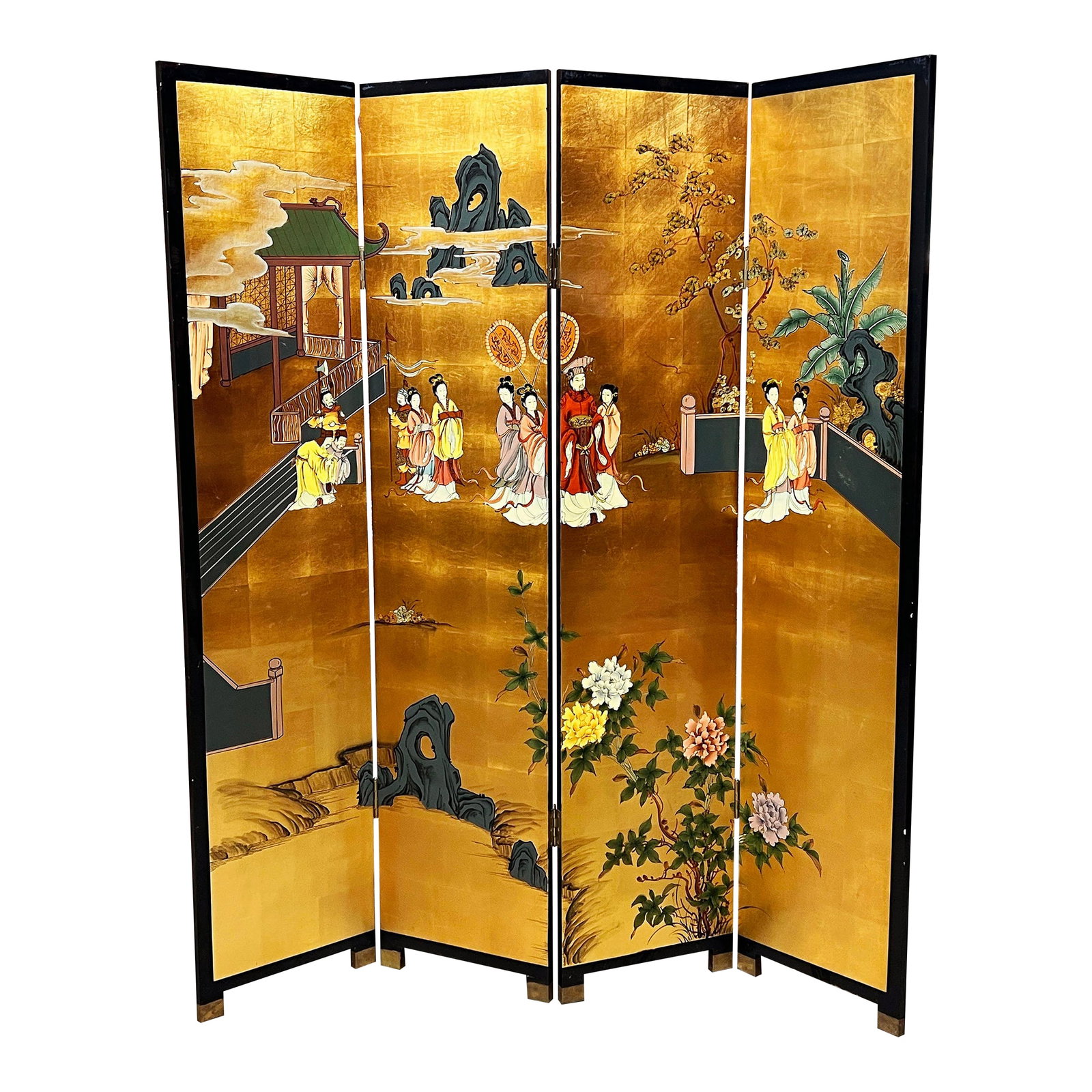 Vintage Hand-Painted 4 Panel Chinese Folding Screen / Room Divider With Gold Gilded Panels (1 of 11)
