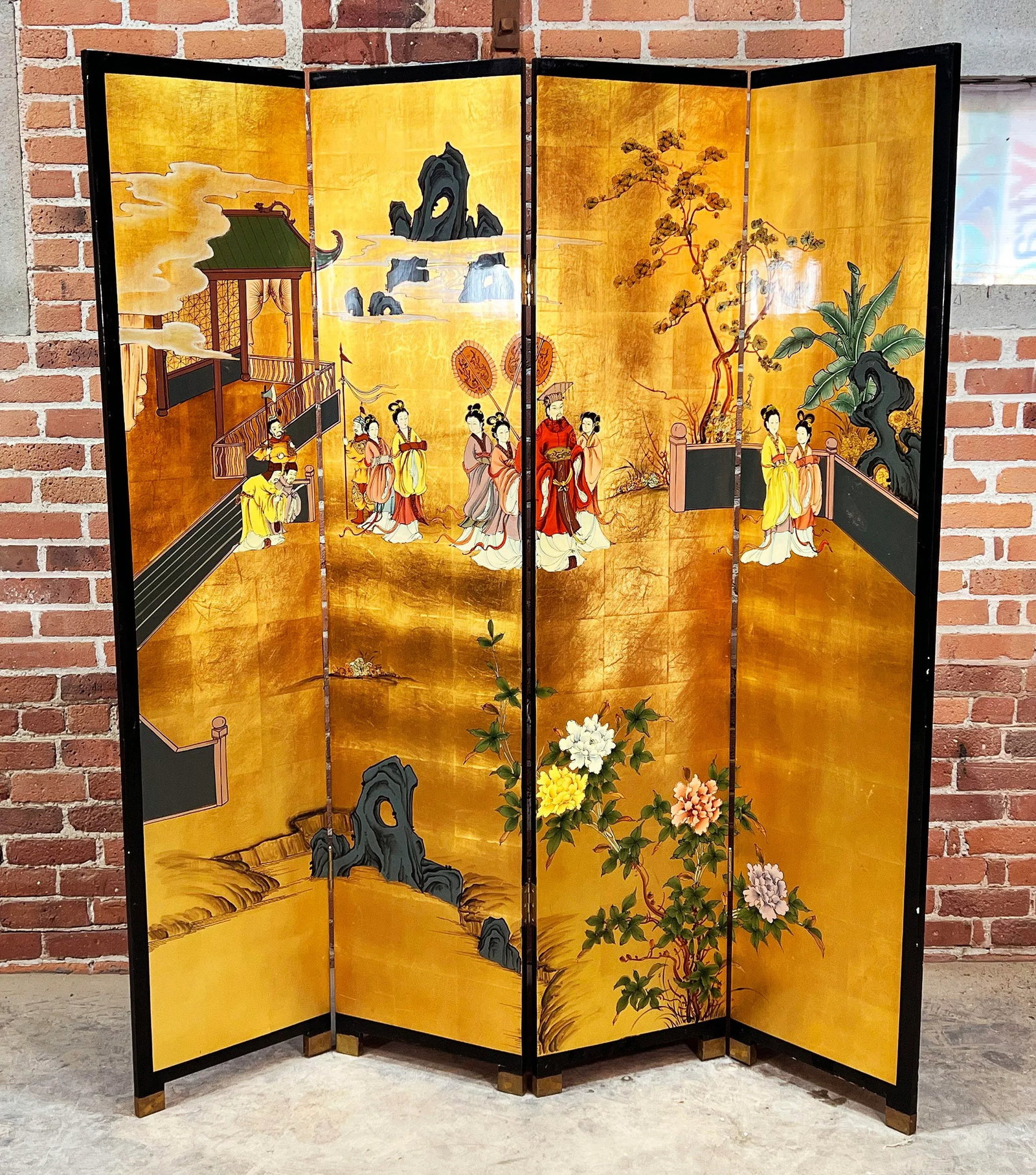 Vintage Hand-Painted 4 Panel Chinese Folding Screen / Room Divider With Gold Gilded Panels - 3
