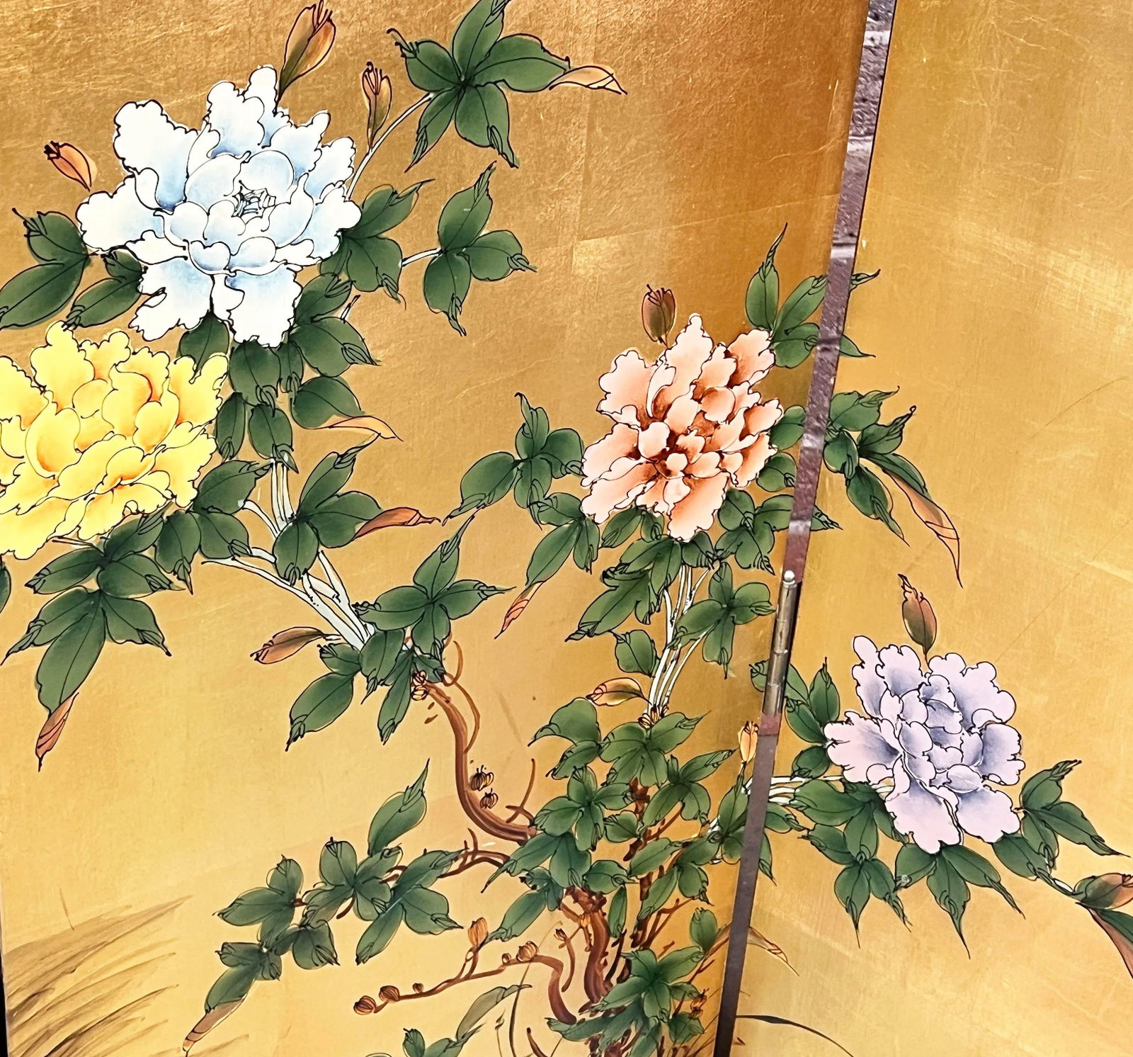 Vintage Hand-Painted 4 Panel Chinese Folding Screen / Room Divider With Gold Gilded Panels - 4
