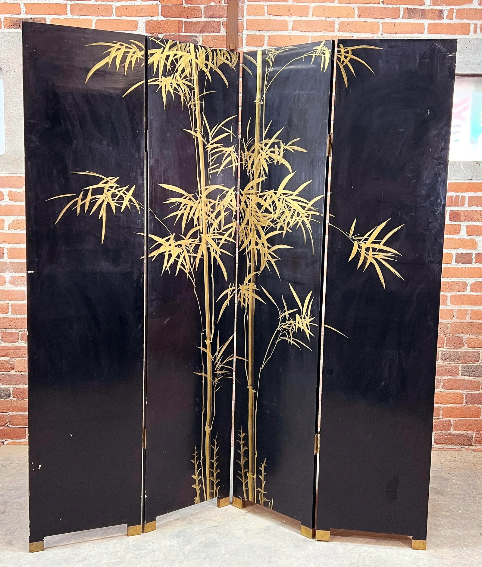 Vintage Hand-Painted 4 Panel Chinese Folding Screen / Room Divider With Gold Gilded Panels - 7