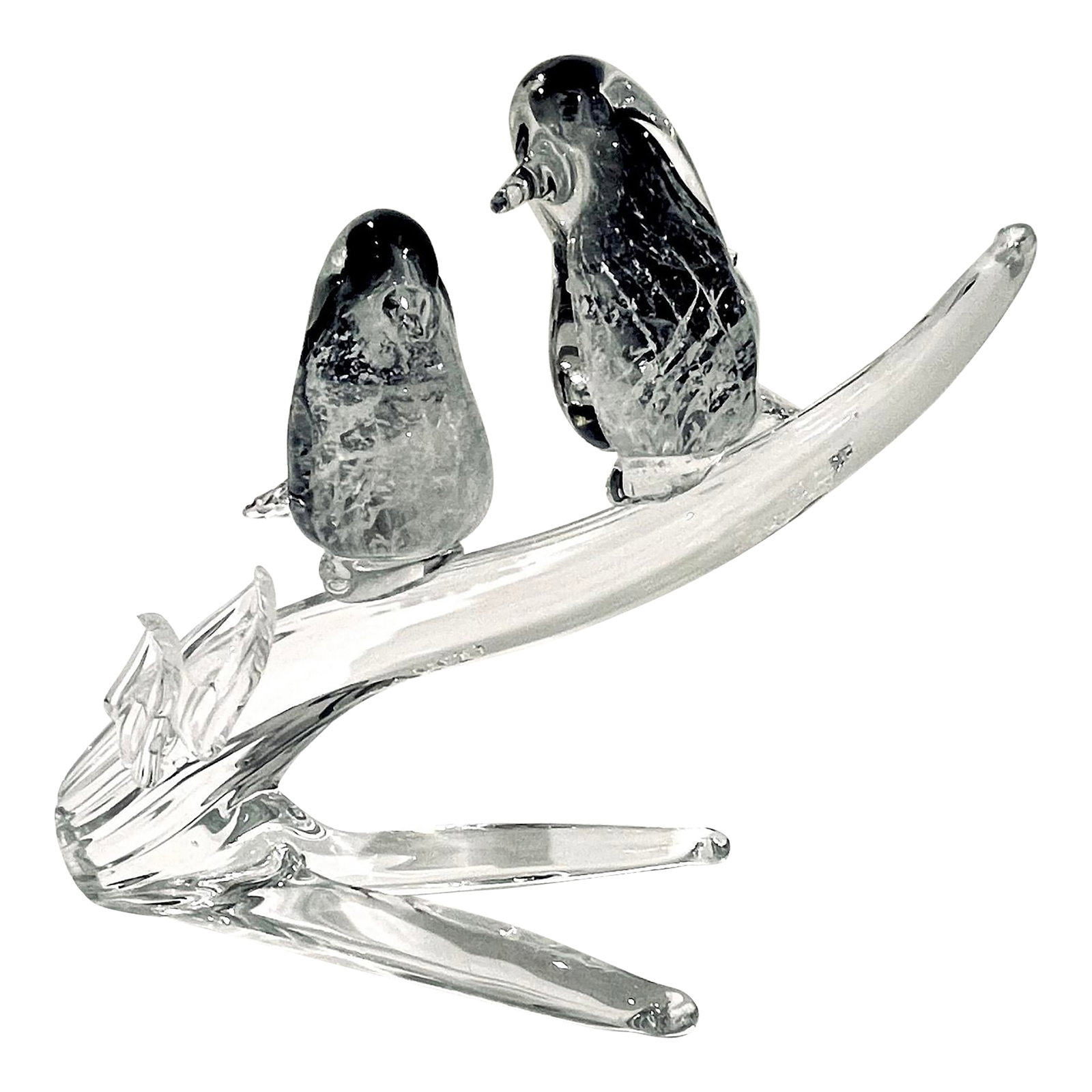 1970's Murano Attributed Blown Glass Love Birds on Branch Figurine: This tour de force example of the glassblower's art was created on Italy's island of Murano in the 1970's. Two love birds sit atop a transparent branch. Purchased by the original owner on a trip to