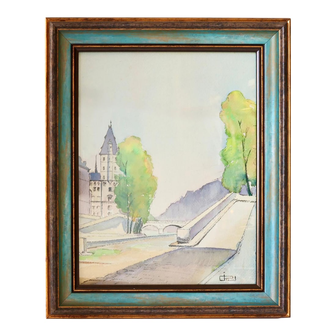 Vintage French Village Watercolor in Teal & Gilt Frame, Signed: A peaceful midcentury French village still life, rendered in soft watercolor washes with charming architectural details and a long tree-lined path leading toward what appears to be a chapel or